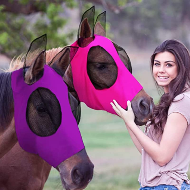 2 Pieces Horse Fly Mask Horse Mask with Ears Smooth and Elasticity Fly Mask with UV Protection (Purple, Pink) - BeesActive Australia