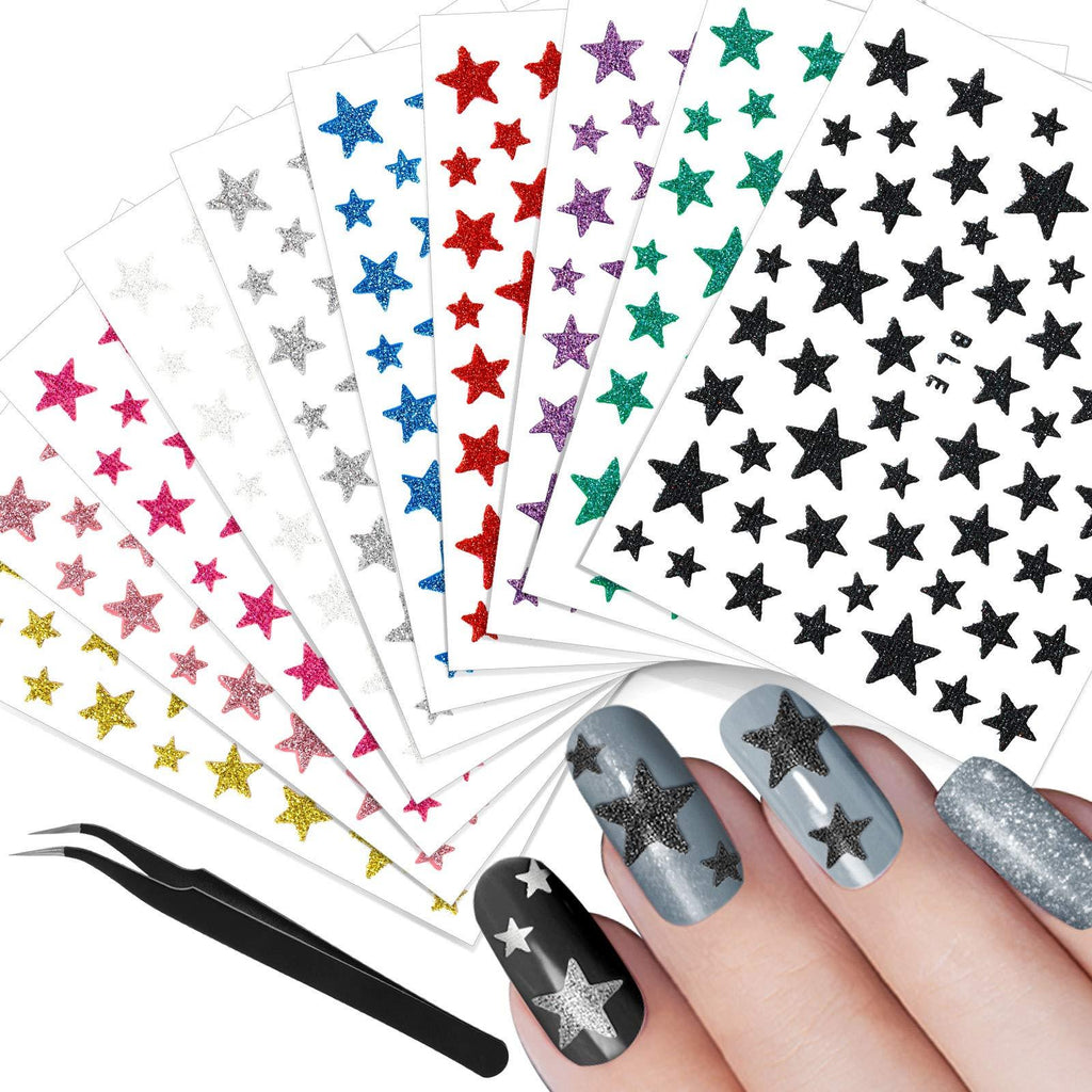 30 Sheets Star Nail Art Stickers Decals Glitter Star Nail Stickers 3D Self Adhesive Nail Decals Shiny Star Decoration Decals with Tweezers Manicure Accessories for Women Girls DIY Nail Art Design - BeesActive Australia