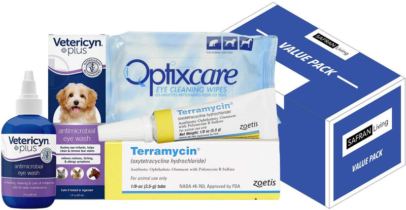 TerramycinVP eye ointment for cats, dogs & horses 1/8oz with Vetericyn Eye Wash 3oz and OptixCare 50ct Eye Wipes Tear Stain Remover - Eye drops for infection Complete Ophthalmic Master Set - BeesActive Australia