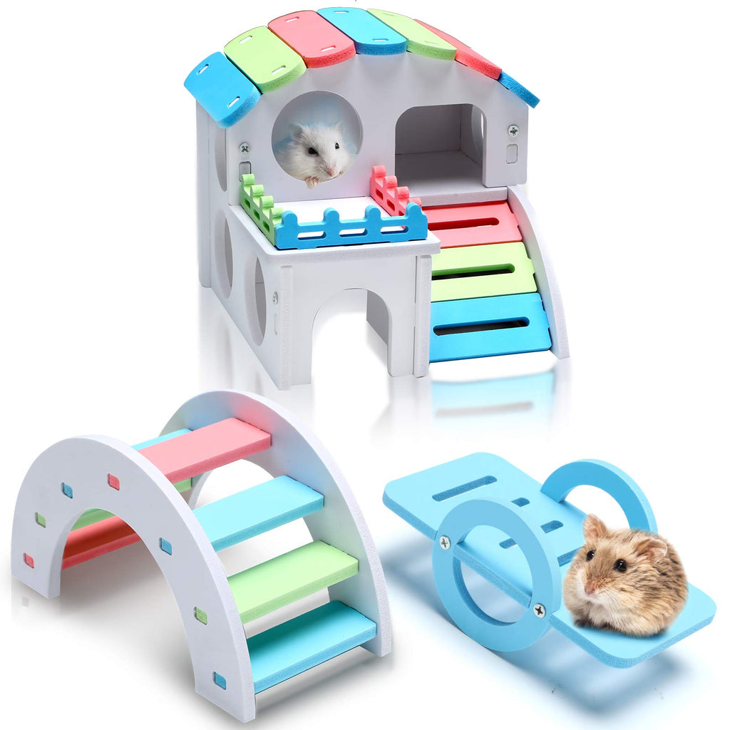 Skylety 3 Pieces Fun Hamster Toys Guinea Pig Hideout Include Wooden Hamster House, Rainbow Bridge, Hamster Seesaw Toy DIY Wooden Exercise Play Toys for Small Hamsters Rainbow Color - BeesActive Australia