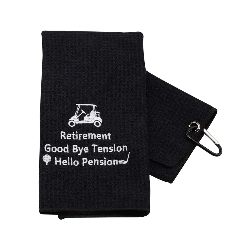 PXTIDY Retirement Golf Towel Good Bye Tension Hello Pension Embroidered Golf Towel with Clip Golfer Gift Golf Retirement Gifts for Men or Women (Black) Black - BeesActive Australia