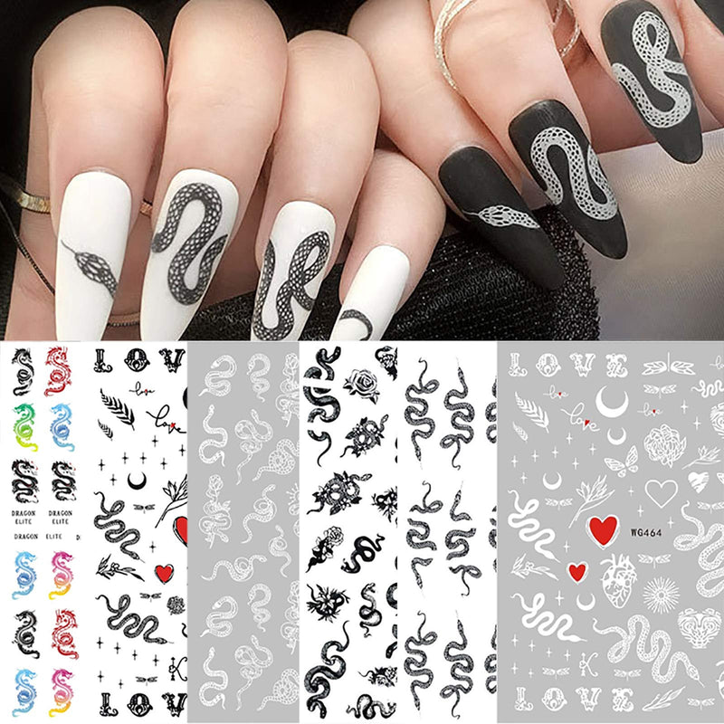 6 Sheets Hot Snake Dragon 3D Self-Adhesive Nail Art Stickers,Black White Python Flower Dragon Love Leaves Nail Decals for Acrylic Nail Supplies,DIY Cool Street Fashion Nail Decorations - BeesActive Australia