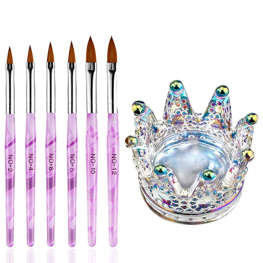 Kalolary 6Pcs Acrylic Nail Brush Set with 1Pcs Nail Art dappen dish, 2 In 1 Colorful Nail Acrylic Liquid Powder Dappen Dish Glass Nails Cup Acrylic UV Gel Brush Nail Pen Holder Crown Nail Glass Dish - BeesActive Australia