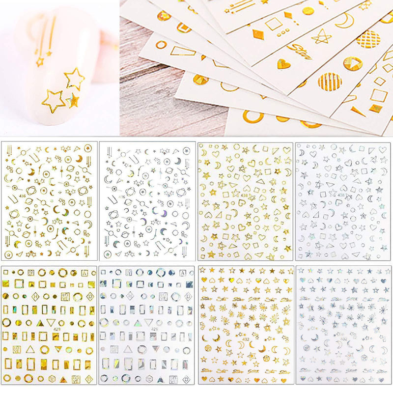 8 Sheets 3D Metallic Star Moon Nail Stickers,Self-Adhesive Laser Gold Silver Geometry Stars Moon Love Heart Planet Glitter Nail Art Design for Acrylic Nail Supplies,DIY Manicure Nail Decorations Tool - BeesActive Australia