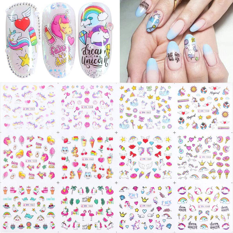 Unicorn Nail Art Stickers Decals 12 Sheets Water Transfer Summer Nail Stickers Unicorns Stars Moons Cherries Flamingos Rainbows Design for for Kids Girls Favors Birthday Party Supplies - BeesActive Australia