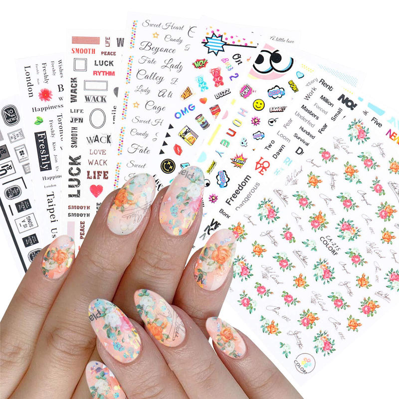 8 Sheets Fashion English Word Nail Stickers Decals,3D Self-Adhesive Letter Love Heart Stars Flowers Funny Pattern Nail Design for Acrylic Nail Supplies,DIY Nail Decoration Kit - BeesActive Australia