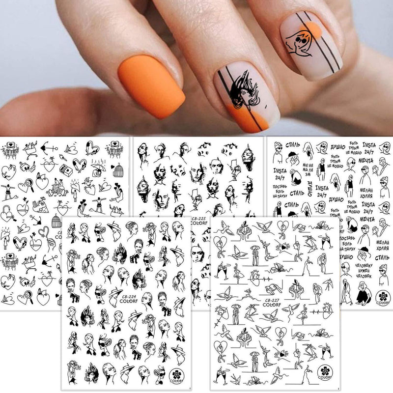 5 Sheet Art Nail Stickers Black and White Lines Fresh Art Young Cool Girls, Female Nails, Decorative Nail Accessories, Manicure Skills Simple and Fashionable - BeesActive Australia