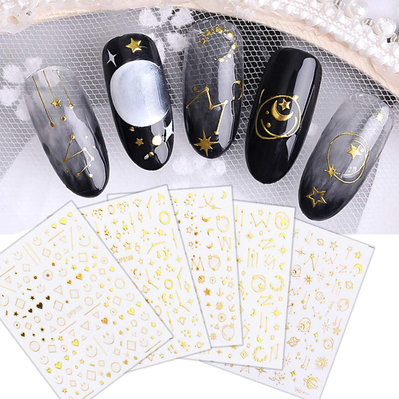 5 Sheet Golden Adhesive Nail Art Sticker Nail Love Star Smiley Space Series Bronzing Nail Applique Decoration Manicure Accessories DIY Set - BeesActive Australia