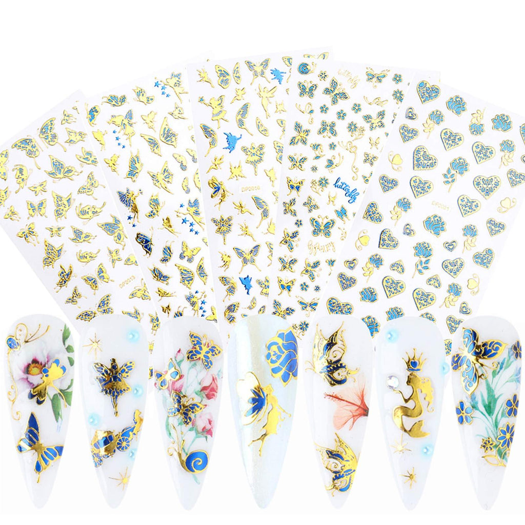 5 Sheets Blue Gold Butterfly Nail Stickers for Women,3D Self-Adhesive Fashion Butterflies Love Heart Nail Decals for Acrylic Nail Supplies,DIY Nail Decors Beauty Accessories - BeesActive Australia