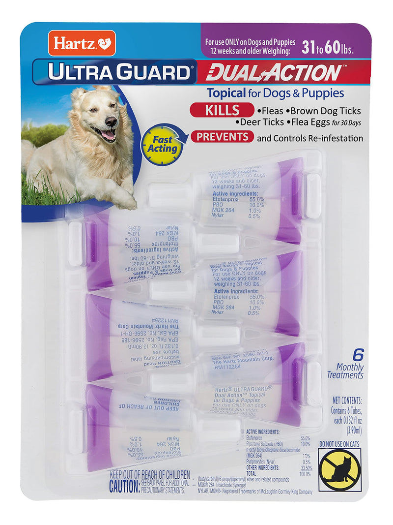 Hartz UltraGuard Dual Action Flea & Tick Topical Dog Treatment and Flea and Tick Prevention, 6 Months,31-60 Pound Dogs - BeesActive Australia