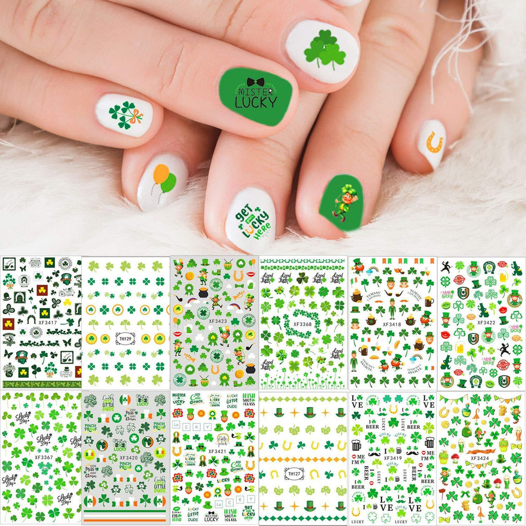 Kalrus 1000+Patterns St. Patrick’s Day Nail Sticker Luck of The Irish Nail Art Stickers Decals Shamrock Nail Decorations for Kids Girl Women Self-Adhesive Nail Tips False Nail Sticker Design 12 Seets - BeesActive Australia