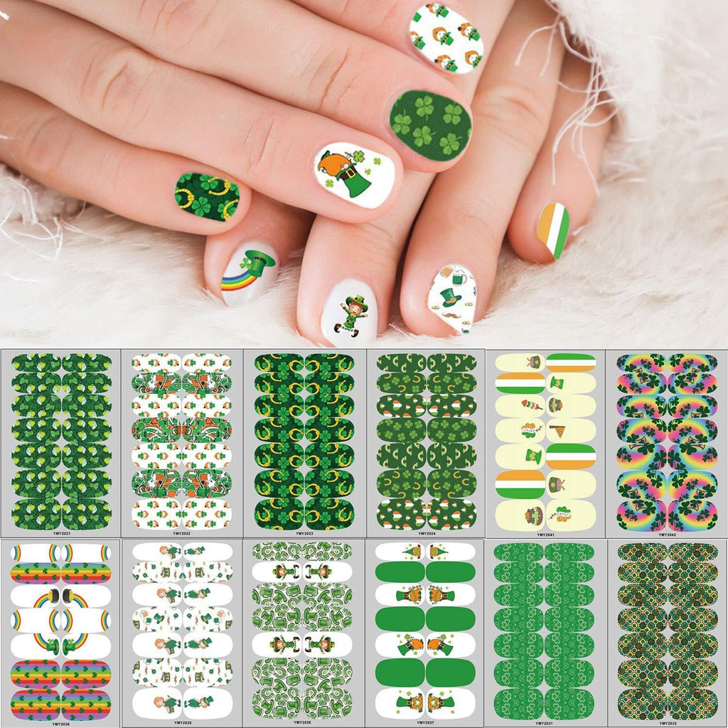 Kalrus 168Pcs St. Patrick's Day Nail Polish Stickers Full Wraps Nail Art Decals Shamrock Nail Art Stickers Self-Adhesive Nail Art Strips Irish Green Nail Tips Stickers with Nail File for Manicure Green Theme - BeesActive Australia