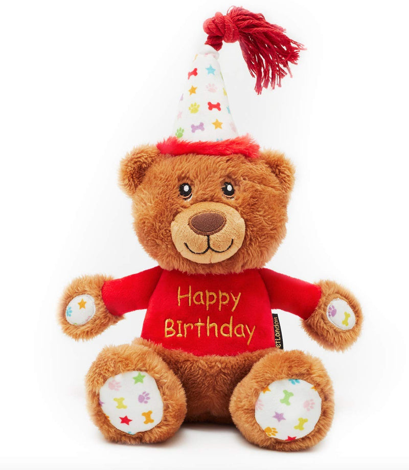 PET London Happy Birthday Bear Dog Toy - Present to Celebrate Dog's Bday or Adoption - Soft Plush Teddy Gift for Dog or Pup with Embroidered Birthday Message, Squeaky, Stylish Great Animal Gift - BeesActive Australia