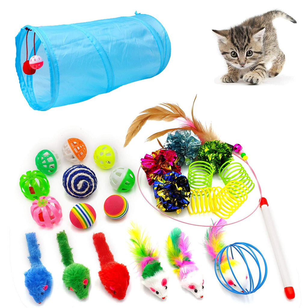 iCAGY Cat Toys, Kitten Toys, 25 Assorted Cat Stuff Toys Pack Including Crinkle Tunnel Ball Wand Teaser Feather Mouse Mice Spring Assortment kit for Cats Kittens Rabbits Puppies Cat Tunnel & Toys Sky Blue - BeesActive Australia