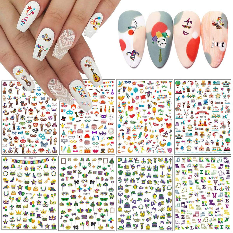 Mardi Gras Nail Art Stickers Decals Carnival Nail Stickers 8 Sheets Joker Circus Nail Decals Nail Art Supplies Masquerade Masks Crown 3D Self-Adhesive for Women Girls Nail Decorations DIY Nail Designs - BeesActive Australia