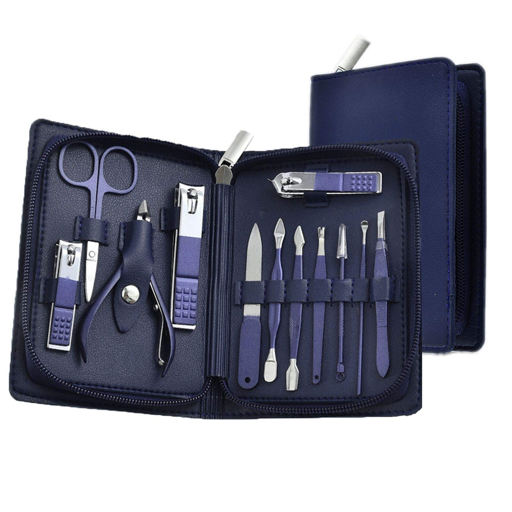 Manicure Set 12 in 1 Nail Clipper Kit Stainless Steel Nail Cutter Set Care Tools Professional Grooming Kit with Leather Travel Case for Women and Men Blue - BeesActive Australia