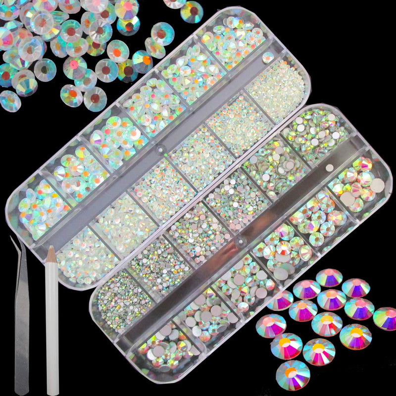 4000pc AB Clear Rhinestone Crystal Beads Gems Flatback Gemstones Mixed Size Jewels Embellishments with Picking Tweezers & Rhinestones Pen for Arts Clothes Shoes Crafts Face Body Makeup Nail DIY. - BeesActive Australia