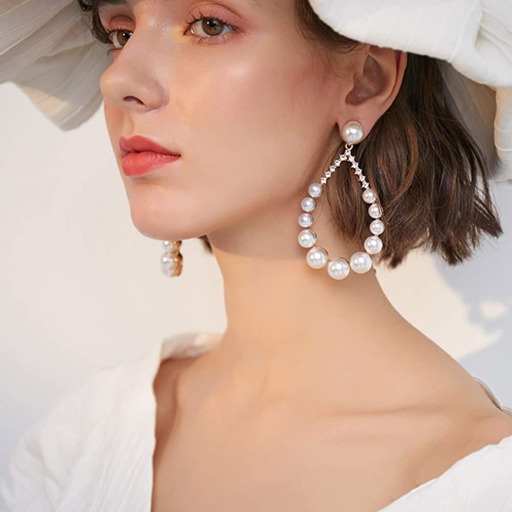 Xerling Pearl Hoop Earrings Rhinestones Teardrop Dangle Earrings Bridal Jewelry Simple Fashion Pearl Tassel Earrings - BeesActive Australia