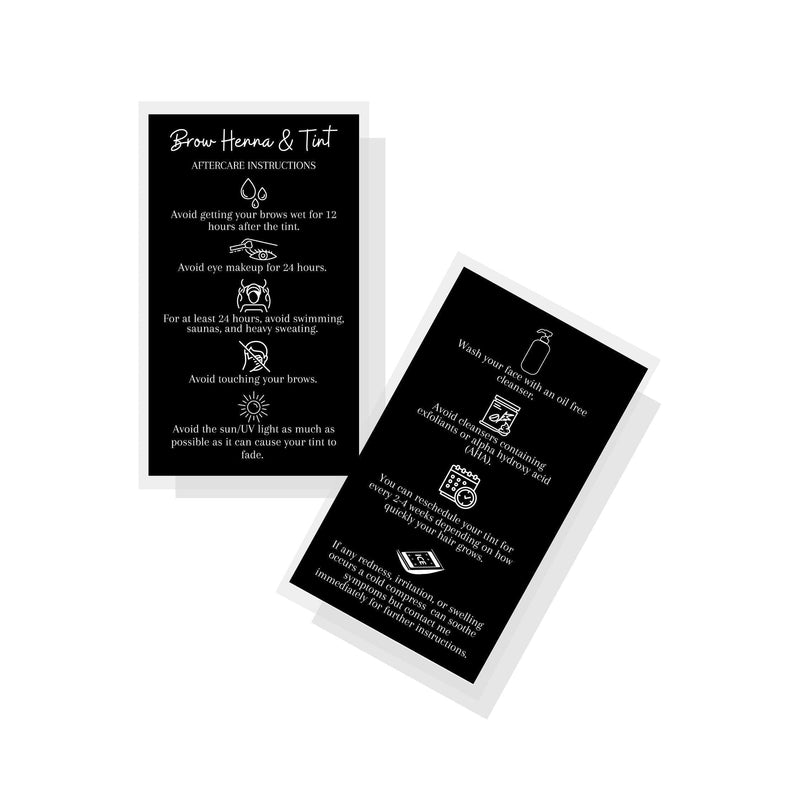 Brow Henna and Tint Aftercare Instruction Cards | 50 Pack | Physical Printed 2 x 3.5” inches Business Card Size | Starter Lift Kit with Tint at home diy supplies | Black with White Icon Design - BeesActive Australia