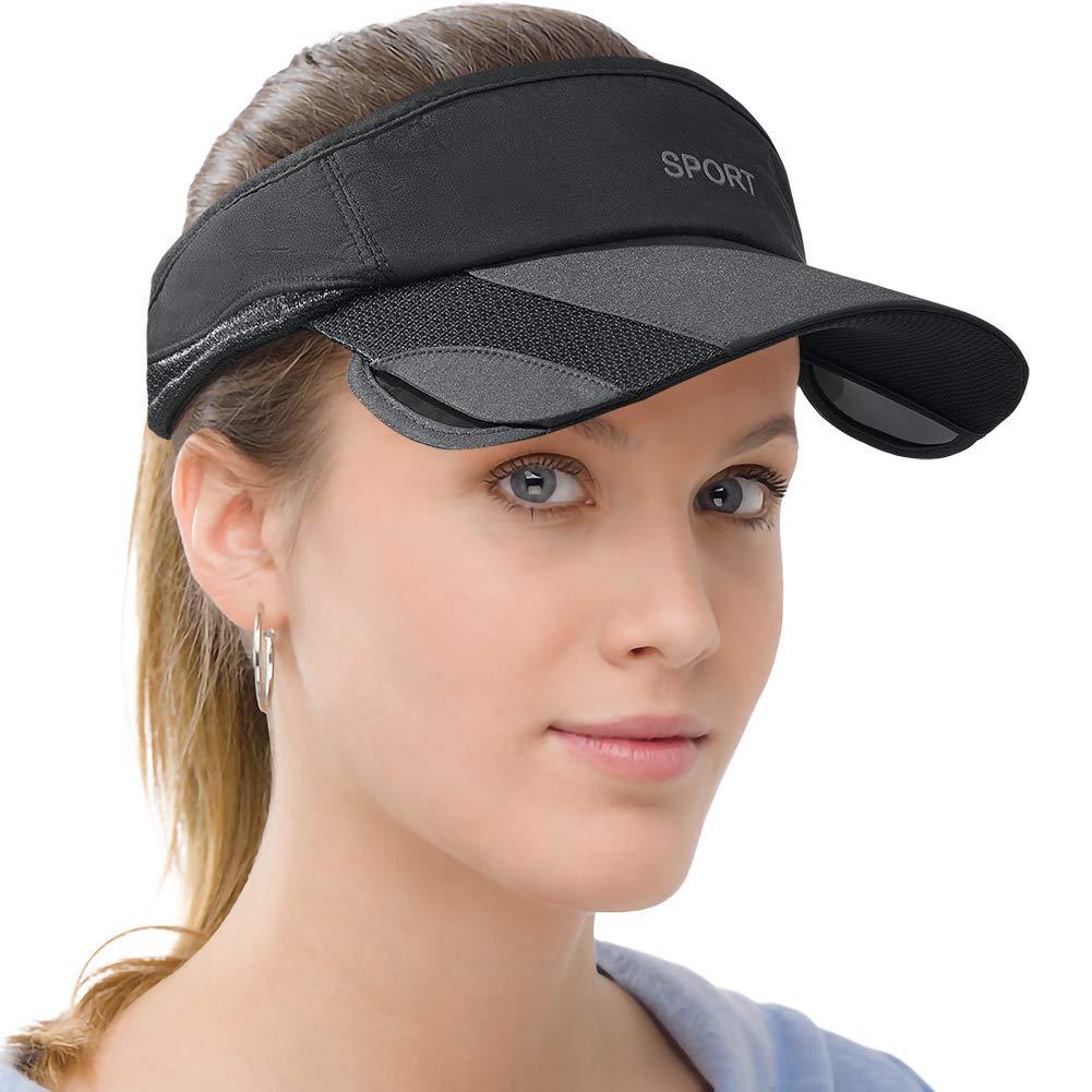 Men Women Sun Sports Visor Hats Summer Retractable Wide Brim Adjustable Golf Tennis Black One Size - BeesActive Australia
