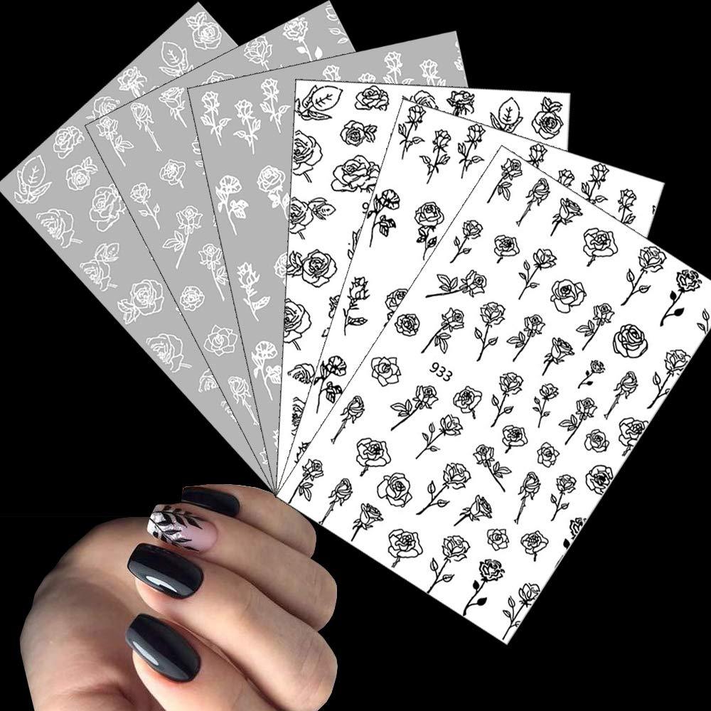 Rose Nail Art Stickers, Self-adhesive Black-and-White Rose Flower Nail Decals 6 Sheets, 5D Relief Hand-painted Sketch Flowers Designed for women's Nail Fashion Decoration - BeesActive Australia