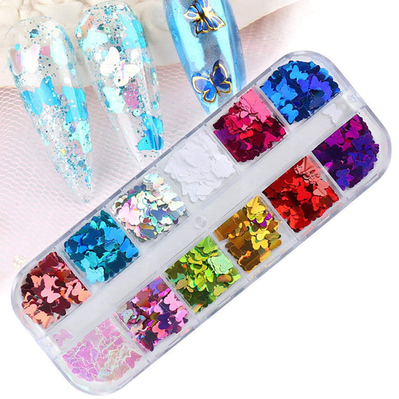 3D 12 Grids Butterfly Nail Glitter Sequins,Holographic Laser Butterflies Nail Art Supplies Colorful Flakes Nail Art Stickers Decals for Acrylic Nails,Charms Nail Decoration - BeesActive Australia