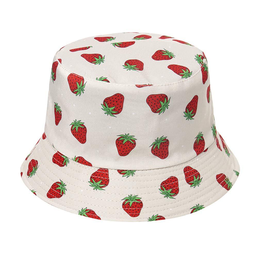 KEKY Adult Strawberry Bucket Hat Pink Print Travel Beach Fisherman Cap Reversible Wide Brim Hats Women Men Teens Beige Strawberry - BeesActive Australia