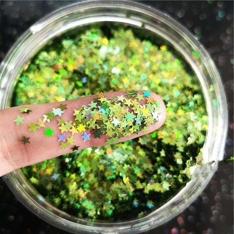 Tiny Stars Glitter Confetti 3mm Stars Glitter Laser Sequins for Party Decoration, DIY Crafts, Nail Art, Body Make up - 10g (Holographic Green) Holographic Green - BeesActive Australia