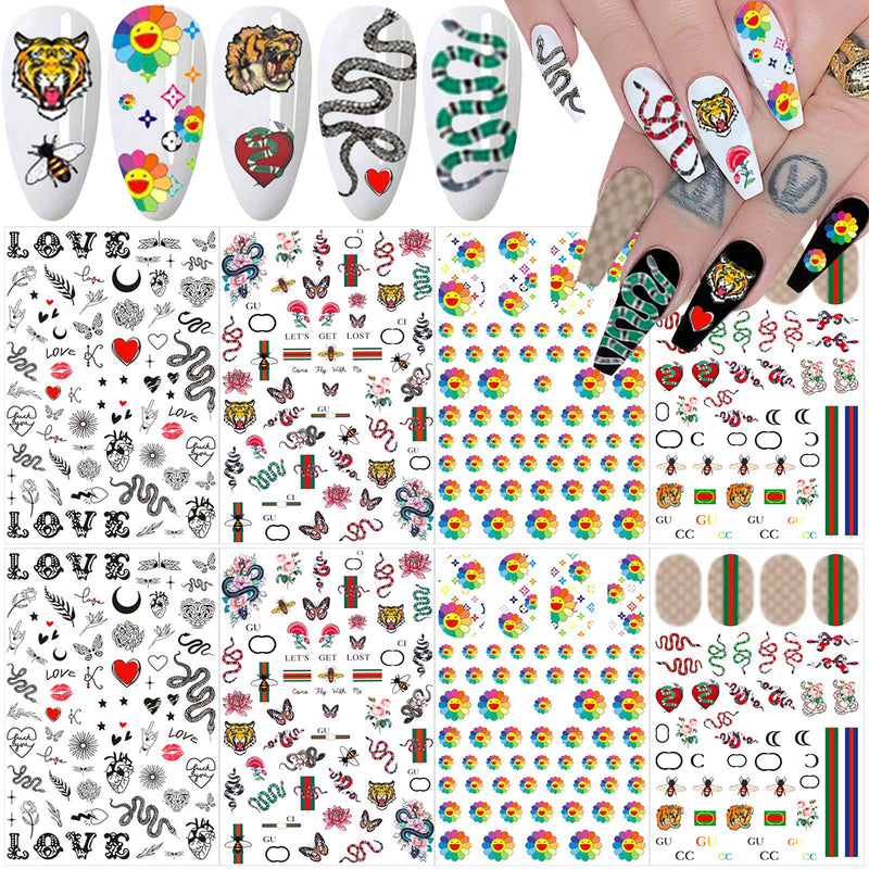 Nail Art Stickers Decals 3D Nail Art Supplies Sunflower Snake Heart Tiger Butterfly Nail Decals for Nail Art Design Self Adhesive Luxury Designer Nail Stickers for Nails Art Decoration (8 Sheets) A-3 - BeesActive Australia