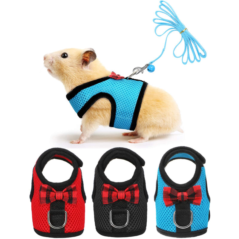 3 Pieces Guinea Pig Harness and Leash Soft Mesh Small Pet Harness with Bowknot Bell, No Pulling Comfort Padded Vest for Guinea Pigs, Ferret, Chinchilla, Rats (Black, Blue, Red, M) Black, Blue, Red Medium - BeesActive Australia