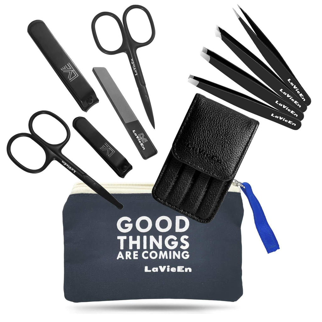 LaVieEn 9 in 1 Manicure Set with Canvas Case, Travel Grooming Set for Women and Men, Nail Clippes Set, Tweezers Set and Beauty Scissors for Nail Care and Facial Care (Dark Blue-Black) Dark Blue-Black - BeesActive Australia