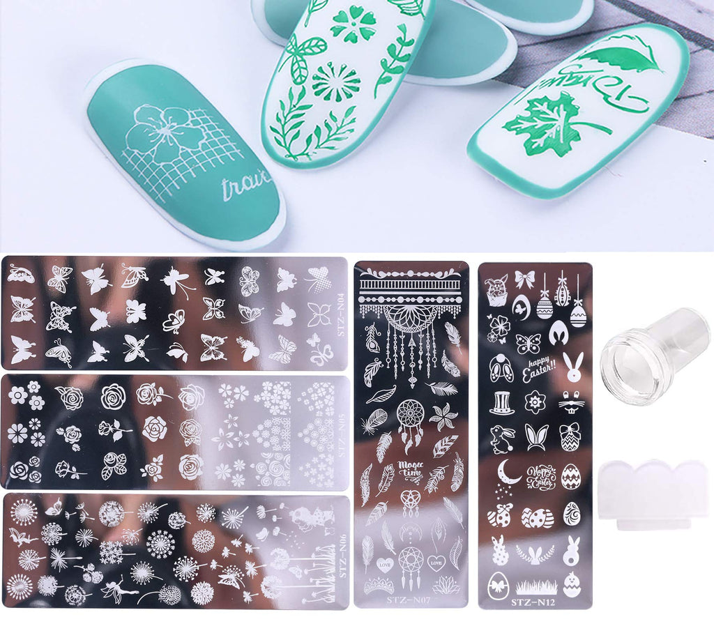 Nail Stamper Set 5PCS Nail Stamping Plates + 1 Stamper + 1 Scraper Lace,Butterfly Leaf Flower Rose Feather Nail Design For Acrylic Nail Supplies,DIY Nail Decoration Equipment Tool - BeesActive Australia