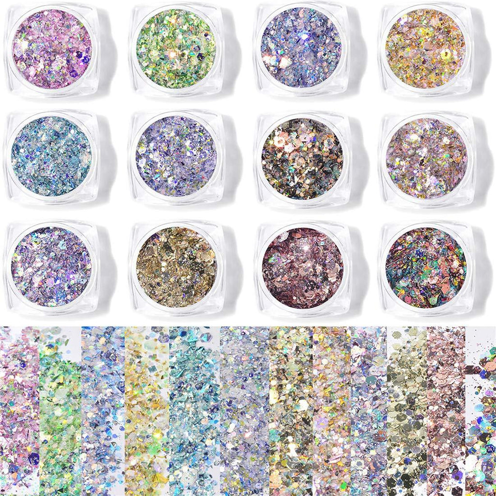 Holographic Glitter Set Nail Face Eye Body Hair Lips Cosmetic Festival Chunky Glitter Different Size Mixed Sequins for Women Girls Manicure Makeup Artworks 12 Colors - BeesActive Australia