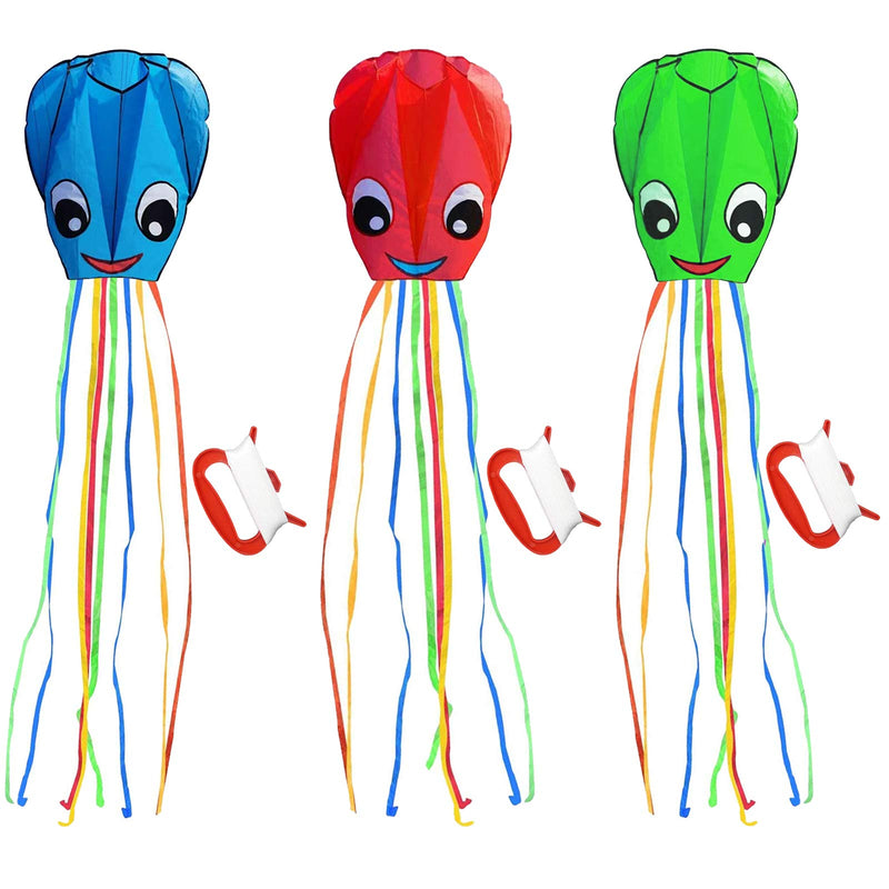 Listenman 3 Pack Large New Upgraded Smiley Octopus Kites, Long Tail Beautiful Kite for Kids Adults Easy Fly to for Beach Great Outdoor Games and Activities with Family, Red Blue Green 3 Colors - BeesActive Australia