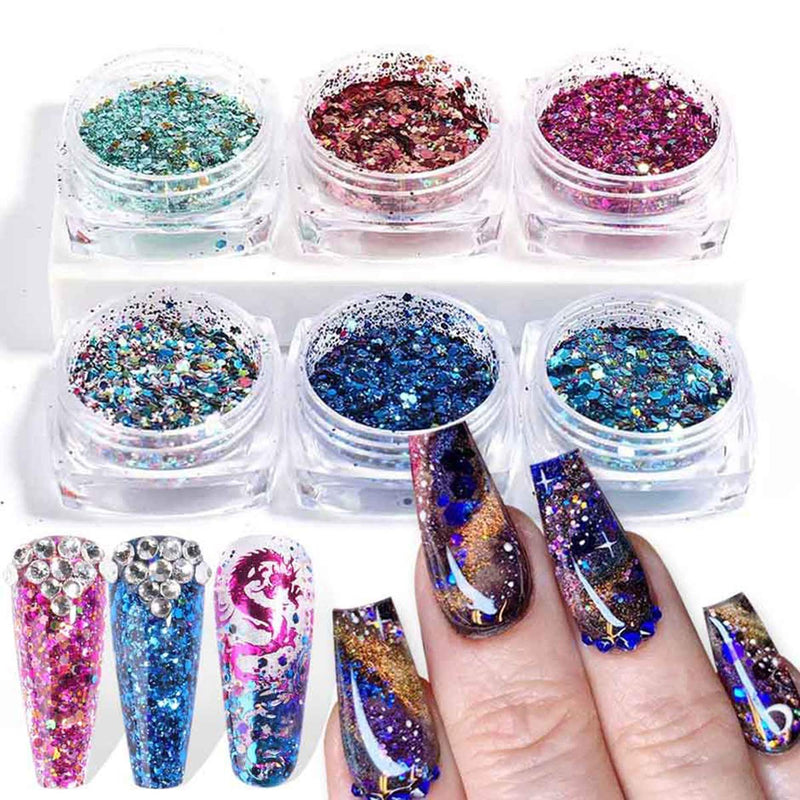 Holographic Nail Art Glitter Acrylic Nail Sequins Mixed Powder Iridescent Flakes Laser Sparkles Nail Tips Decor Crafts Festival for Women Girls DIY Design 6 Boxes - BeesActive Australia