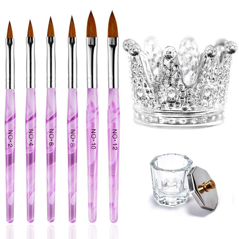 6Pcs Acrylic Nail Brush Set with 2Pcs Nail Art dappen dish, Kalolary 2 In 1 Nail Acrylic Liquid Powder Dappen Dish Mini Glass Nail Cup Acrylic UV Gel Brush Nail Pen Holder Crown Nail Glass Dish - BeesActive Australia