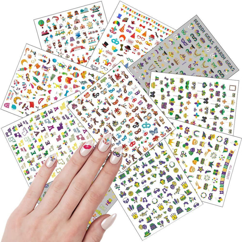 Mardi Gras Nail Art Stickers Fleur de Lis Carnival Nail Decals Nail Supplies Joker Circus Masquerade Mask Comedy Tragedy Self Adhesive Nail Design for Acrylic Nail Decorations Party Favors 10 Sheets - BeesActive Australia