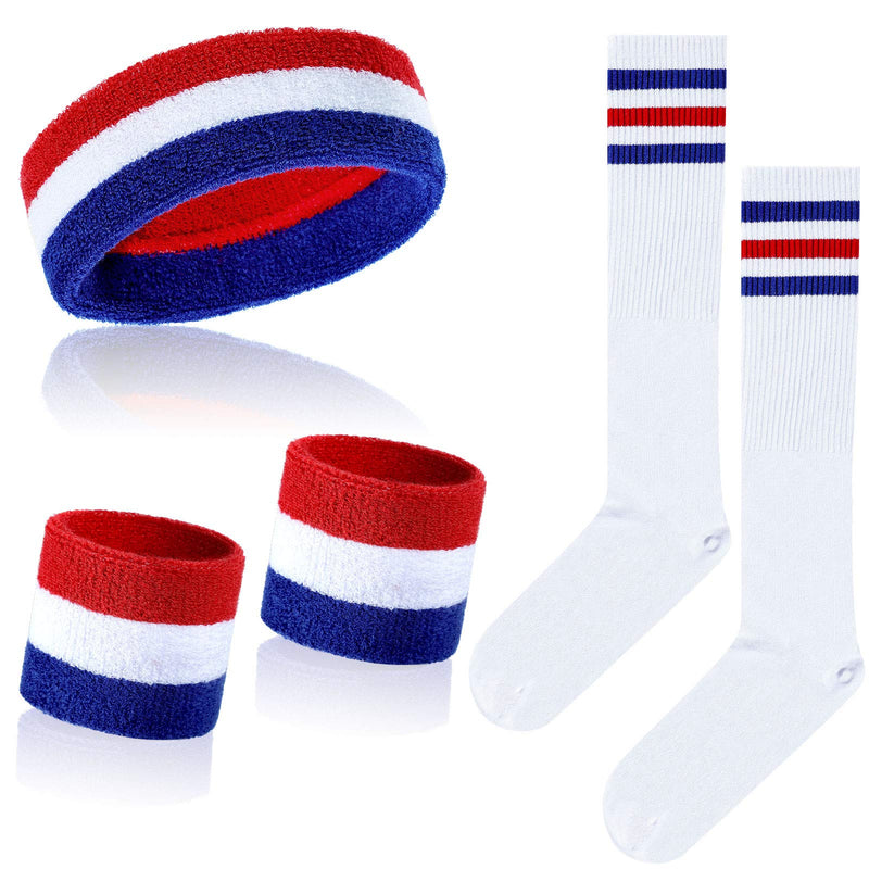 5 Pieces Striped Sweatbands and Striped Socks Set Include 1 Set Wrist Sweatbands Headbands and 1 Pair High Striped Sports Headbands Set for Men and Women 80s Party White, Blue and Red - BeesActive Australia