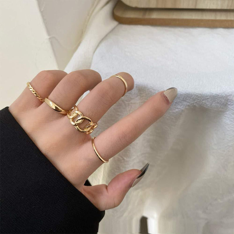 YERTTER Set of 5 Personality Ring Set Open Ring Index Finger Ring Chain Buckle Joint Ring Retro Mid Rings for Women and Girls (Gold) Gold - BeesActive Australia