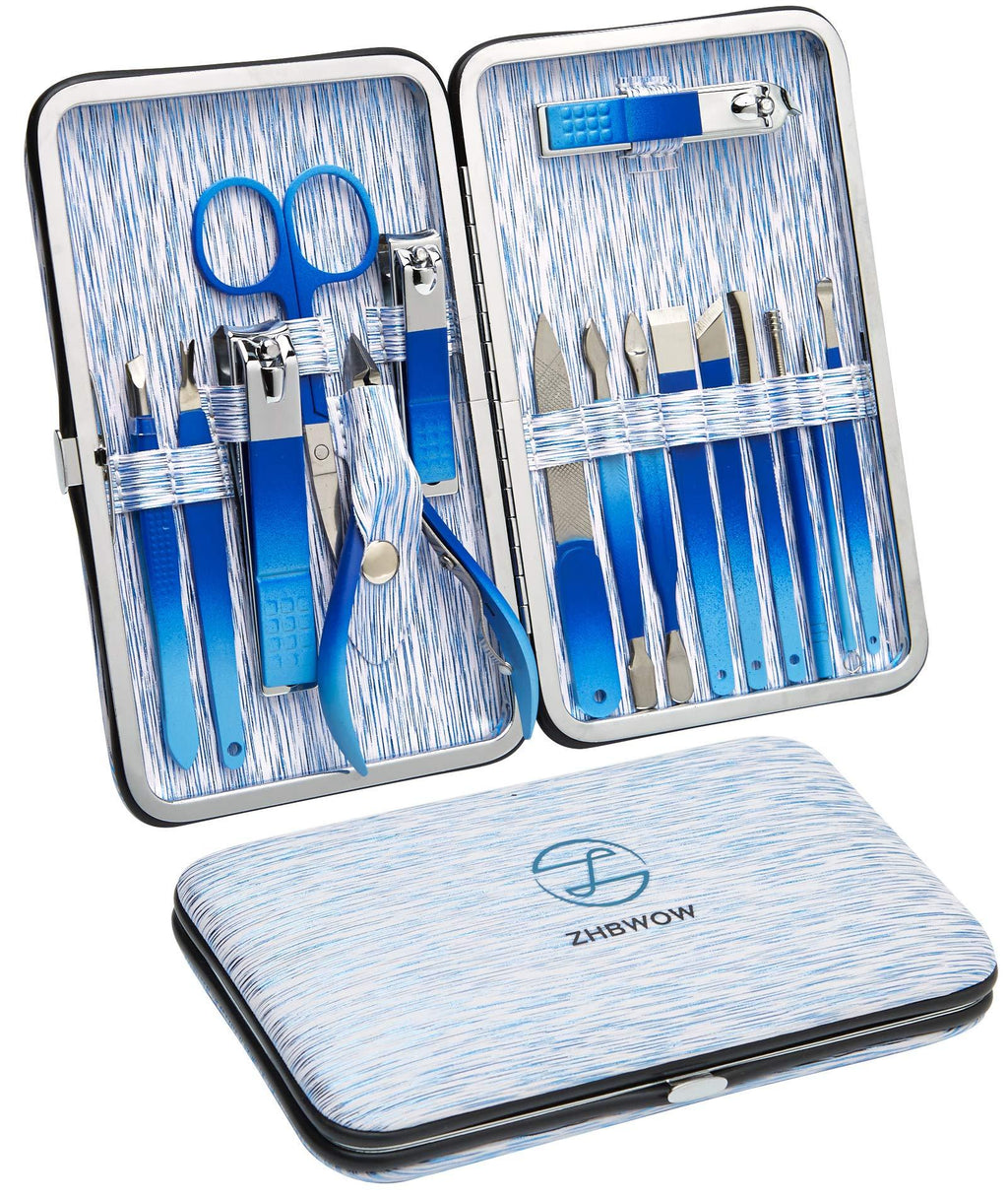 Manicure Set,pedicure Kit,Nail Clippers, Professional Grooming Kit, Nail File Tools 16 in 1 with Blue Travel Case Tools For Men and Women 2021 Upgraded Christmas Gift - BeesActive Australia