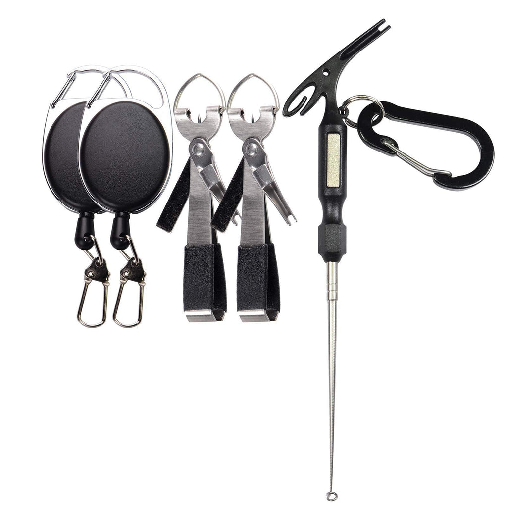 FAYOGI Fly Fishing Accessories Quick Knot Tying Tools Hook Disgorger Loop Tyer and Mono Line Nippers Clippers with Zinger Retractor Kit 2sets fishing nippers & retractor + black hook remover & loop - BeesActive Australia