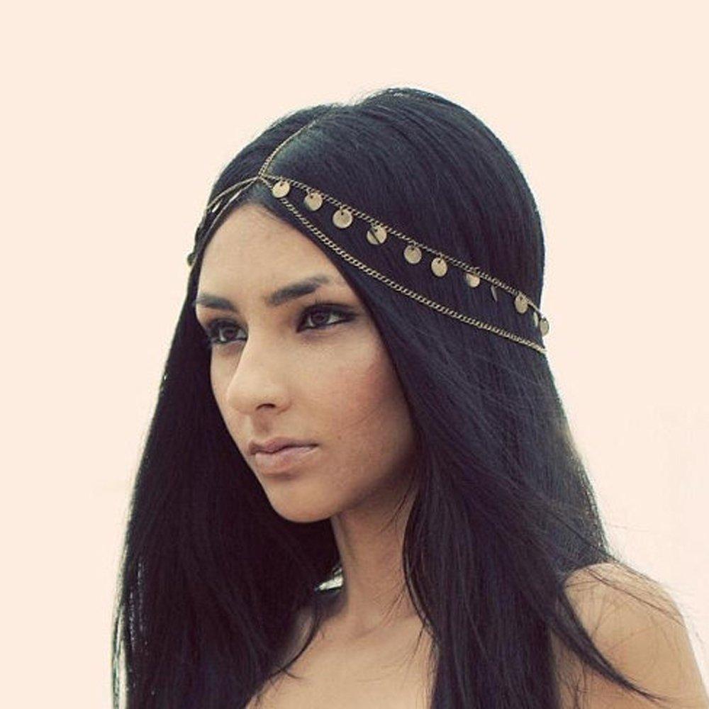 Wekicici Boho Gold Disc Tassel Pendant Head Chain for Women and Girls Coin Headpiece Party Costume Layering Hair Accessories - BeesActive Australia