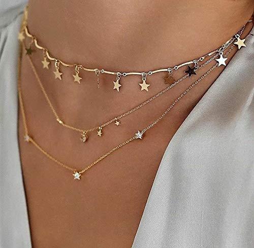 Wekicici Gold Stars Tassel Choker Multi Layer Necklace with Crystal Moon Pendant Dainty Boho Trendy Jewelry - BeesActive Australia