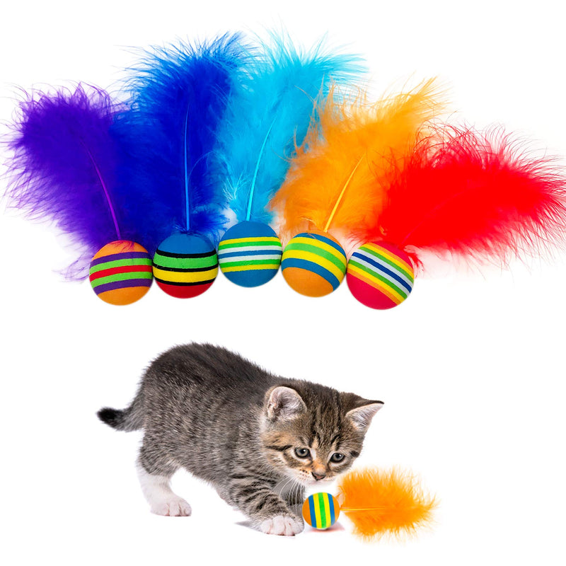 PET SHOW Pack of 5pcs 1.4” Cat Toys Balls Soft EVA Foam with Feathers Colorful Rainbow Toy Balls Interactive Kitten Cats Small Dogs Puppies Doggies Quiet Indoor Outdoor Play Activity Chase Training - BeesActive Australia