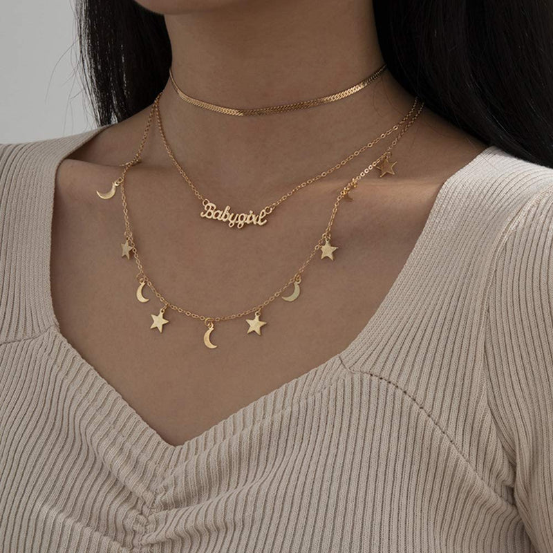 Wekicici Gold Letter Necklace for Women and Girls Moon and Stars Tassel Collarbone Choker Boho Multi Layered Jewelry for Party - BeesActive Australia