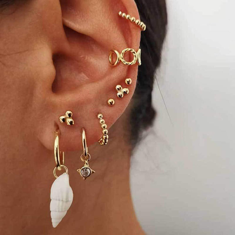 Xerling Cowrie Seashell Huggie Hoop Earrings Beach Cute Earrings Set for Women Ear Open Cuff Beaded Huggie Hoop Stud Earrings - BeesActive Australia