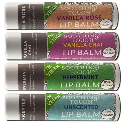 Soothing Touch Vegan Lip Balm - Vanilla Rose, Vanilla Chai, Peppermint, Unscented - Variety Pack of 4 - BeesActive Australia