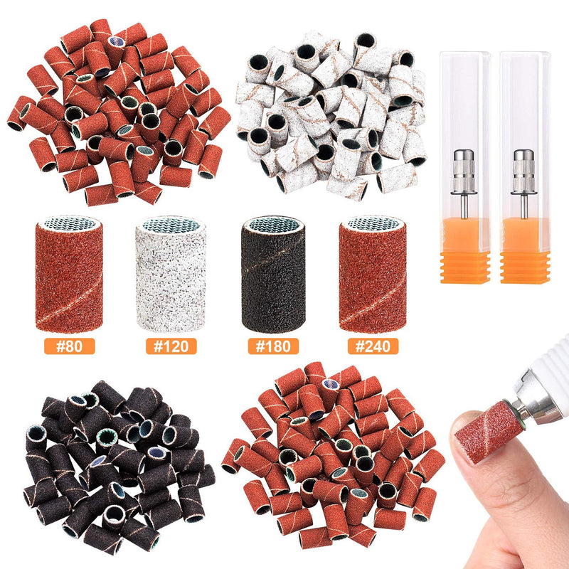 PAGOW 200Pcs Nail Sanding Bands, Electric Art Sanding Bands with Nail Drill Bits Set, Professional 80# 120# 180# 240# Grit Nail Manicure Polisher with 2 Pieces 3/32 Inch Nail Drill Bits 80 Grit/120 Grit/180 Grit/240 Grit - BeesActive Australia