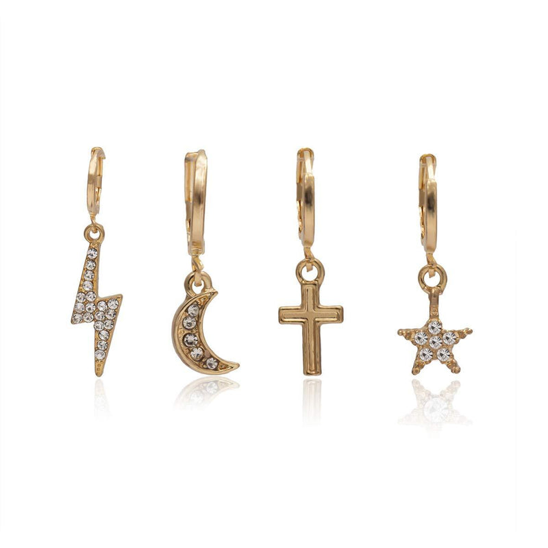 Wekicici 4pcs Huggie Earrings Set for Women and Girls Dangle Drop Earrings with Rhinestones Cross,Moon,Lightning,Star (Gold) Gold - BeesActive Australia