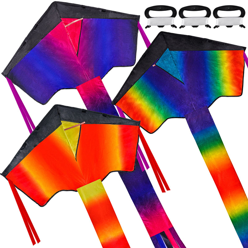 JOYIN 3 Packs Delta Rainbow Kite Warm and Cold Color Easy to Fly Huge Kites for Kids and Adults with 262.5 ft Kite String, Large Delta Beach Kite for Outdoor Games and Activities - BeesActive Australia